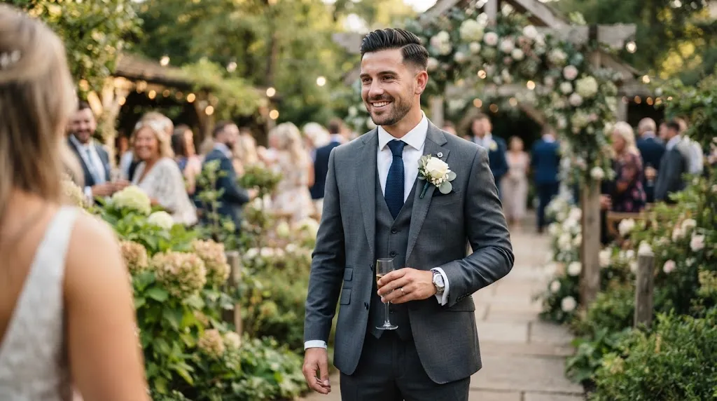 A handsome groom featuring a stylish wedding haircut and neat facial stubble wearing a sharp suit