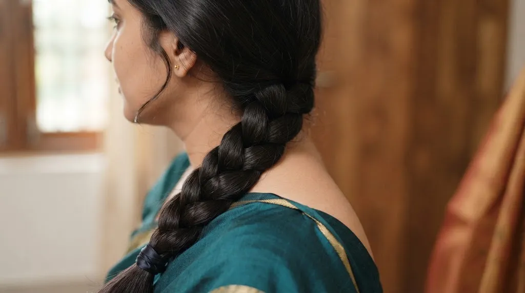 A neat classic three-strand Indian braid resting smoothly over the shoulder, styled for everyday and traditional wear.