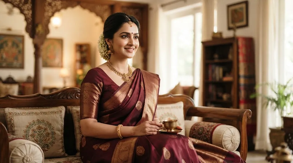 Elegant Indian woman wearing a traditional silk saree with a neat classic low bun hairstyle