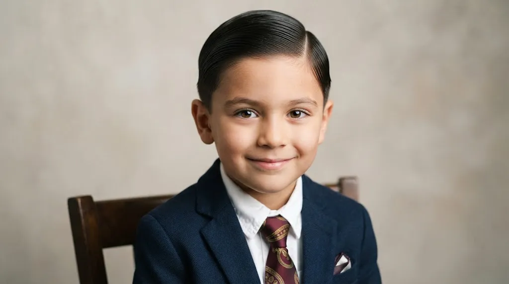 Young boy with a neat classic side part hairstyle wearing formal attire for school or special events
