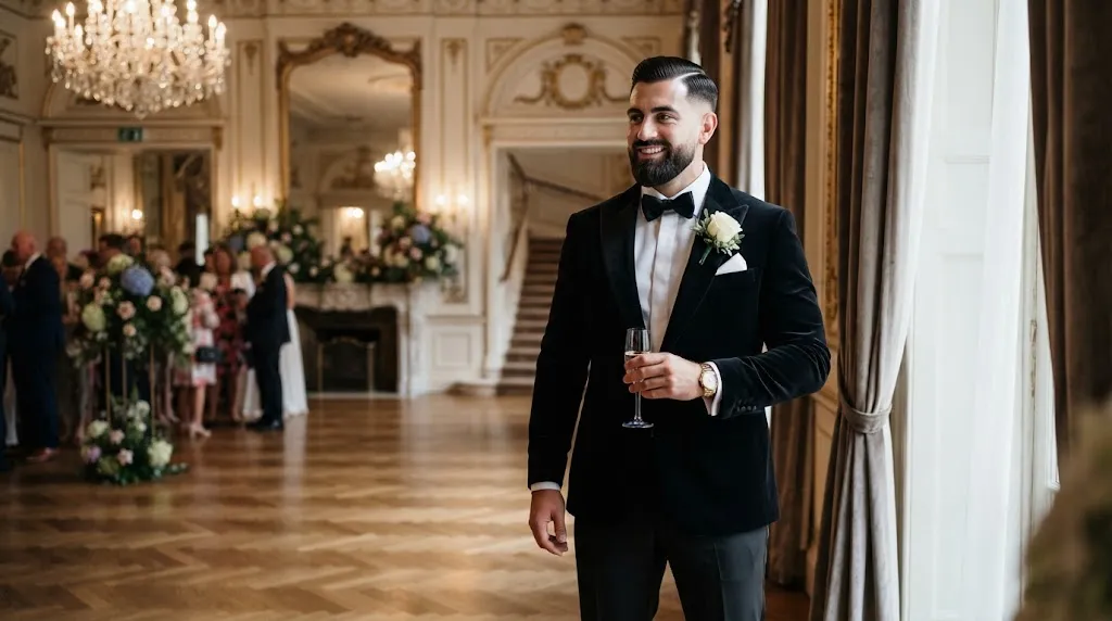 Professional wedding groom with a classic side part haircut wearing a sharp tuxedo in a luxury venue