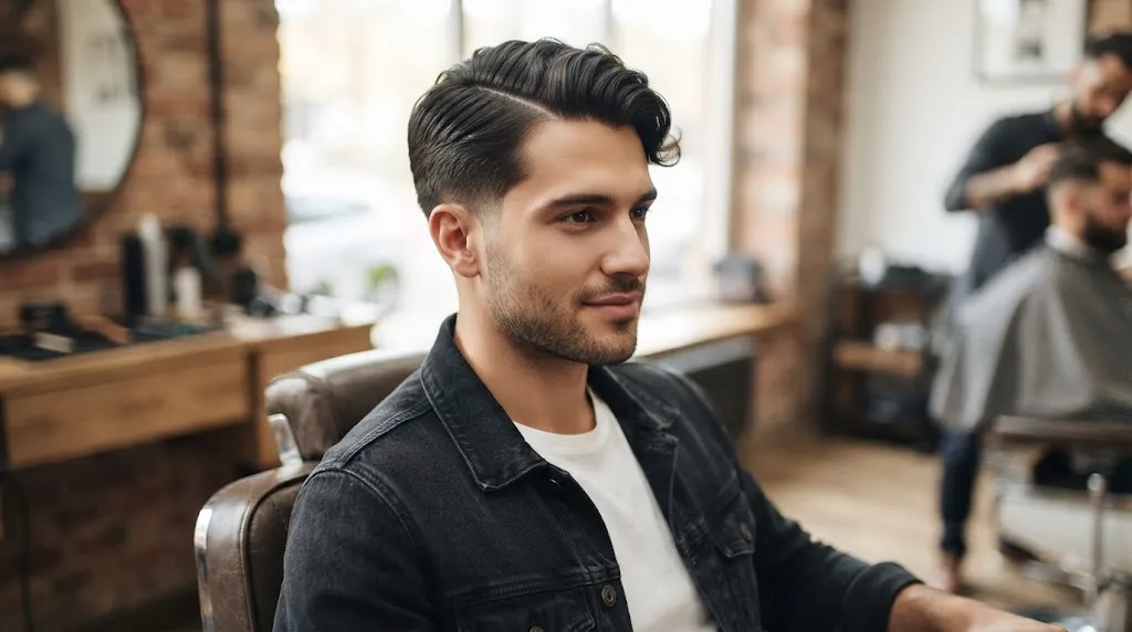 A handsome man sitting in a modern barbershop showcasing a clean, well-groomed side part haircut with neatly tapered sides.