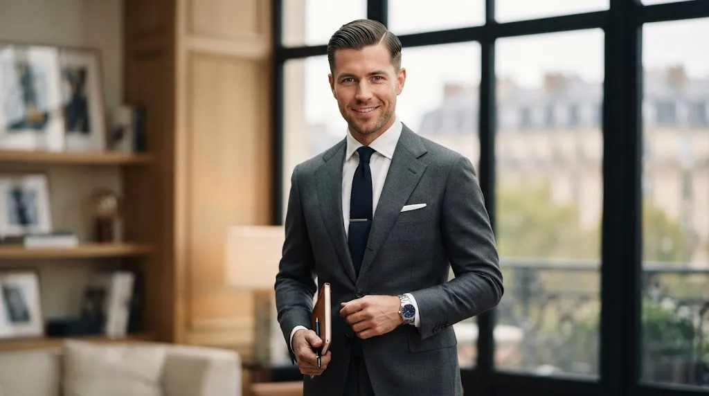 A stylish man with a clean classic side part haircut and a neatly combed part line in natural daylight