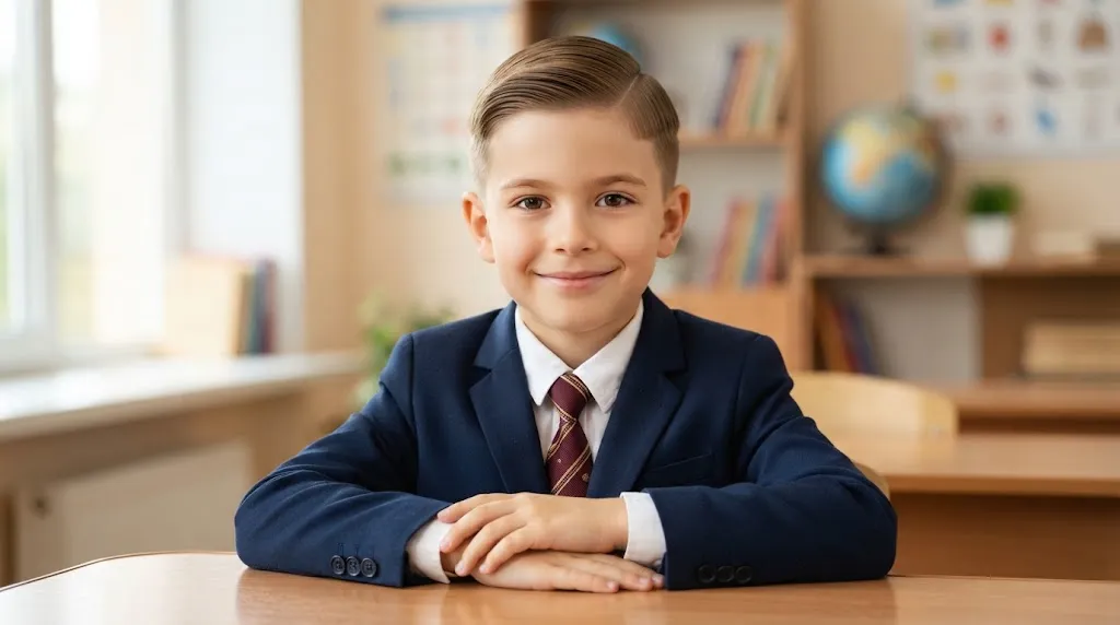 Young boy with a clean and neat classic side part haircut for school