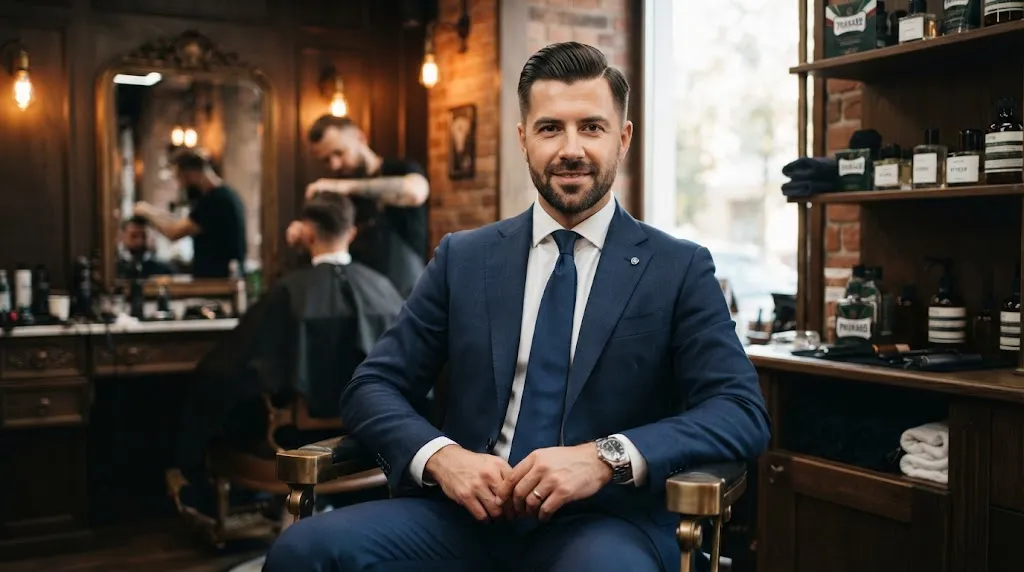 Professional man with a sharp classic side part haircut sitting in a modern upscale barbershop