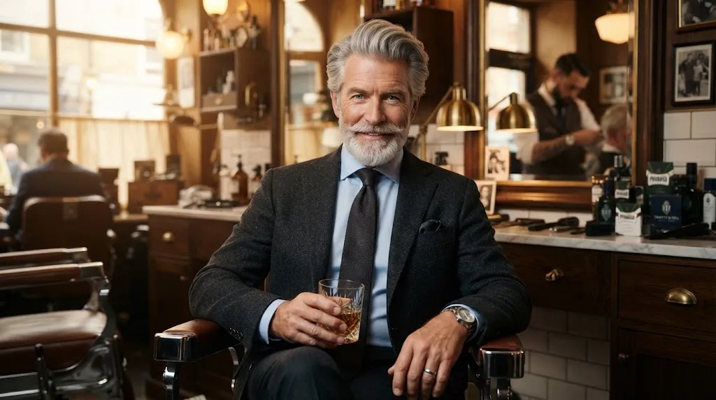 Sophisticated older man with a classic haircut showcasing stylish silver and gray hair in a professional barbershop.
