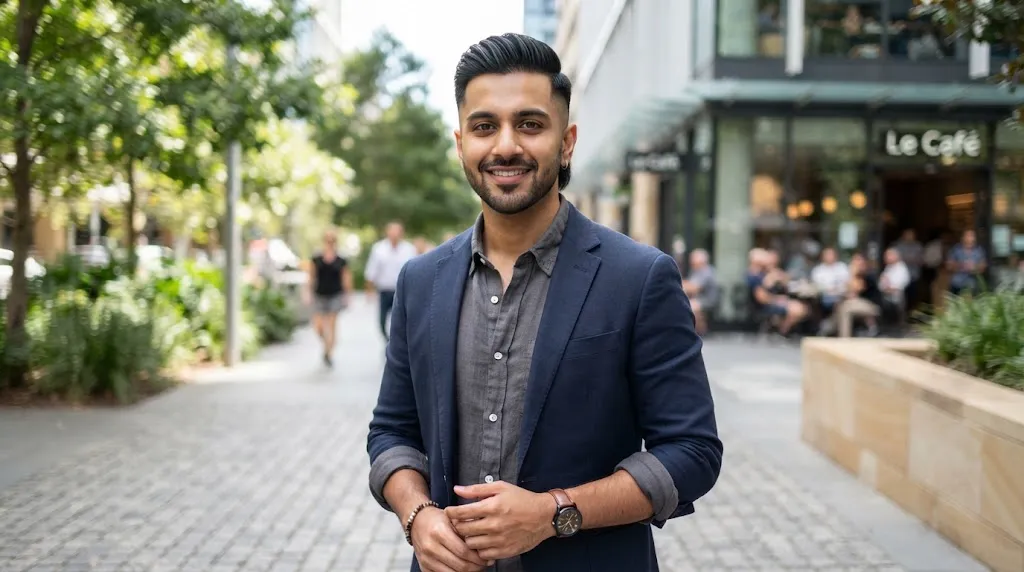A stylish man with a clean low skin fade and a neat classic tail hairstyle at the nape for everyday and office wear.