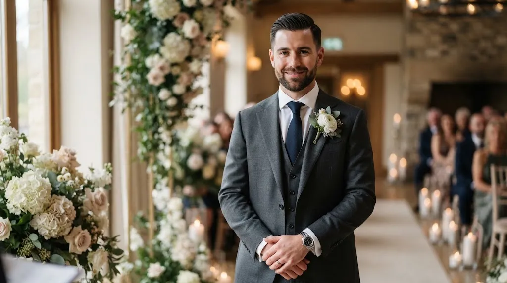 A handsome groom with a neat classic taper haircut wearing a sharp wedding suit in an elegant setting.