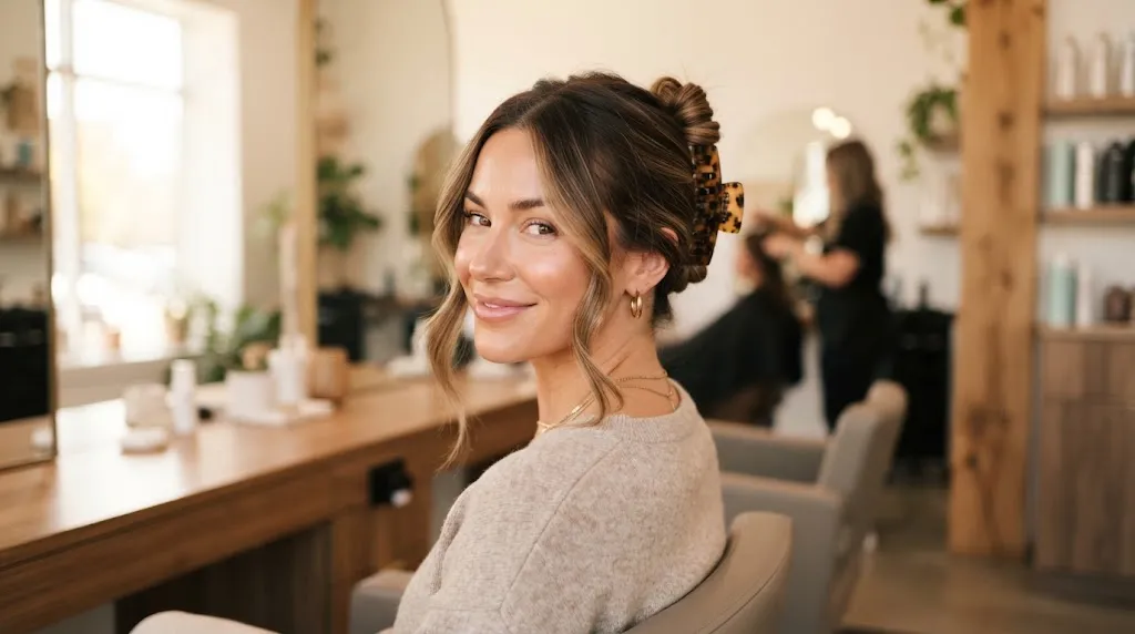 A stylish woman with a trendy claw clip updo hairstyle securing medium-length hair with soft face-framing strands.