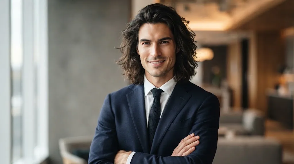A handsome man with a clean-shaven face and long styled hair, highlighting a sharp jawline and well-defined facial structure for different face shapes.