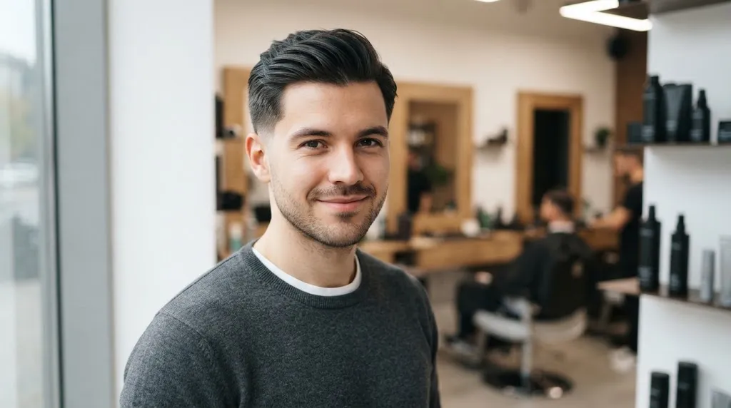 A man in a salon with a neat, basic short haircut featuring a side part and taper fade, representing professional men's grooming.