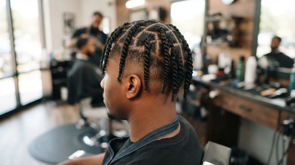 A close-up view of a Black man with clean, defined two-strand twist hairstyles and a sharp mid skin fade, showcasing precise parting and healthy natural hair texture.