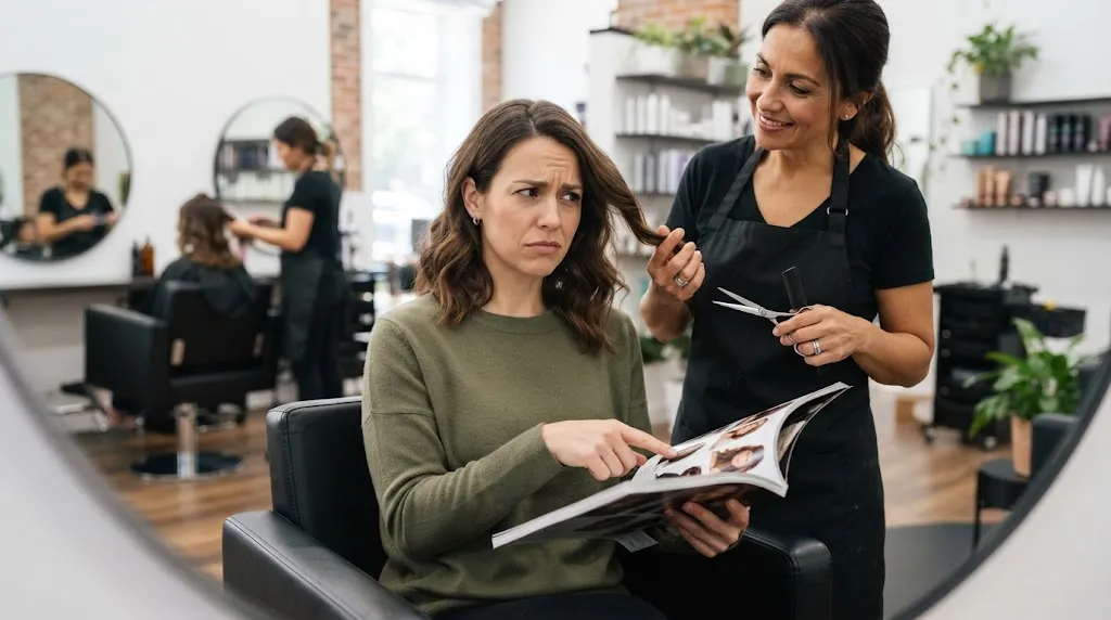 A woman sitting in a hair salon chair unsure how to explain her haircut preferences to her professional stylist