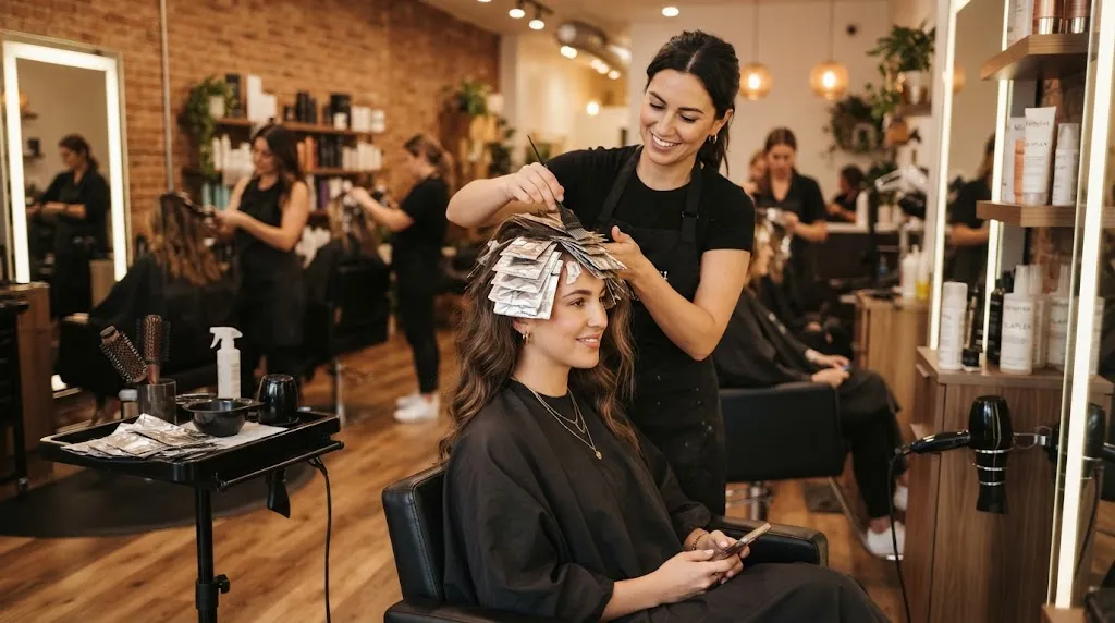 Professional hair coloring and shadow root technique in a salon to balance a wide forehead and frame the face