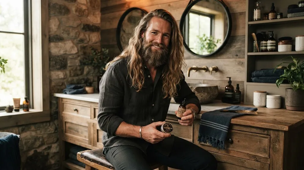 A stylish man with long flowing hair and a well-groomed beard demonstrating a proper combined hair and beard care routine.