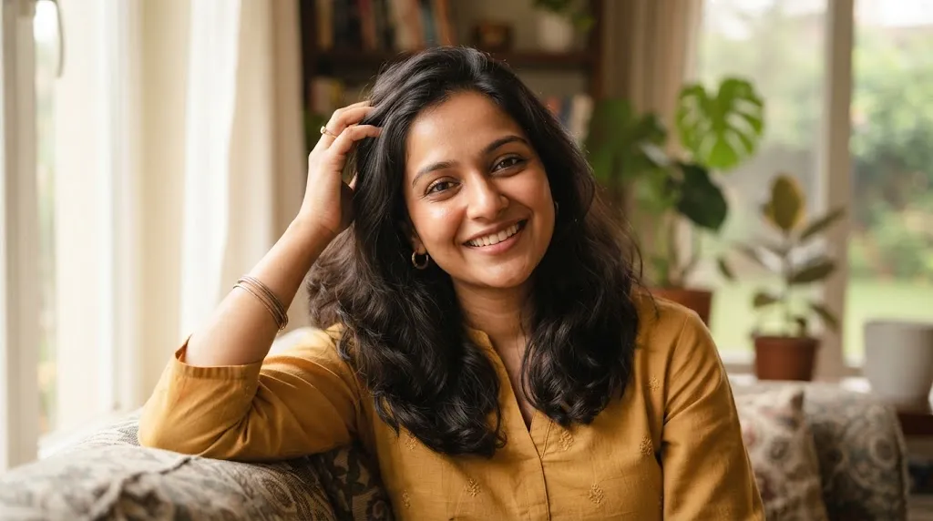 An Indian woman with a comfortable, non-tight everyday hairstyle showing natural movement and ease