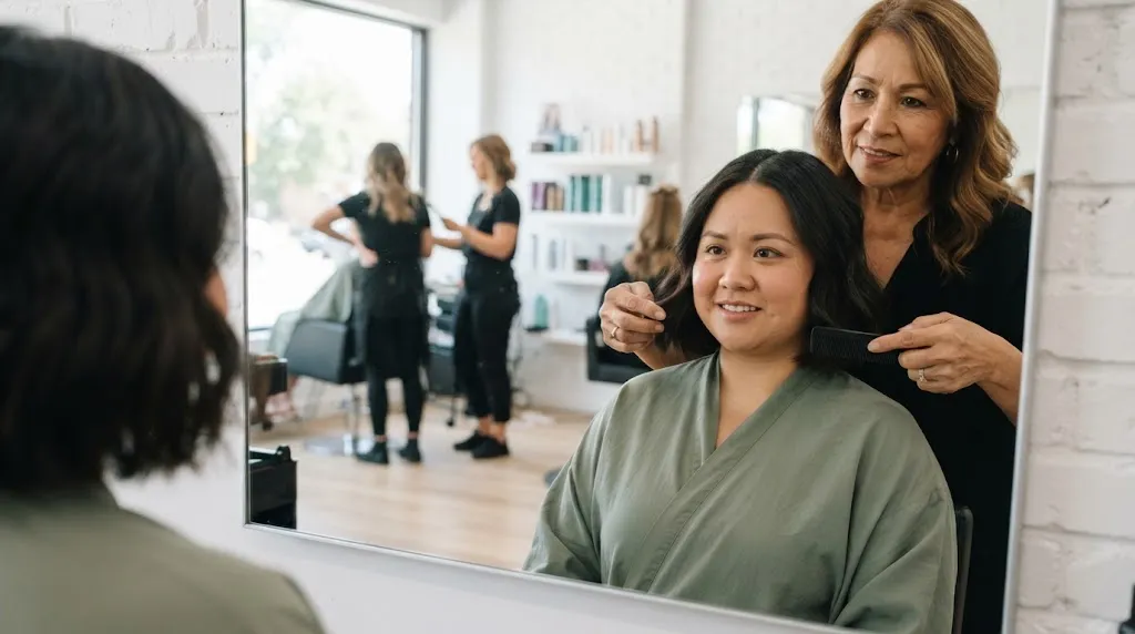 A woman with a round face in a salon chair receiving a haircut consultation from a stylist after an unsatisfactory blunt bob.