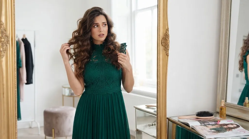 A woman in a green lace frock looking in a mirror, frustrated because her long wavy hair is caught in the high ruffled neckline.