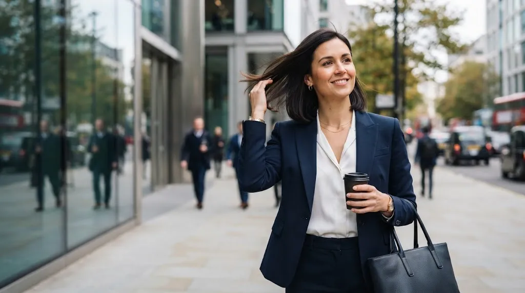Professional woman maintaining a sleek, frizz-free office hairstyle against wind and dry indoor air conditioning.