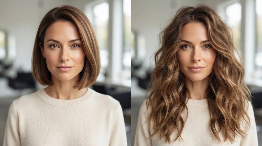 A split-screen photo comparing a woman with a sleek bob hairstyle on the left and long wavy hair on the right to help decide between the two styles.