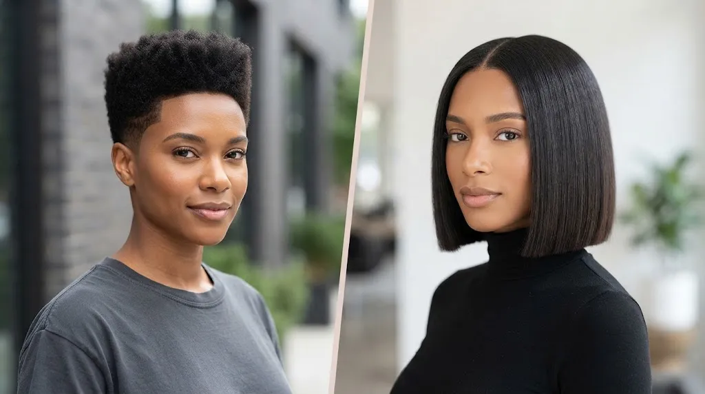 A side-by-side comparison showing a man's structured short box cut hairstyle next to a woman's sleek chin-length box bob haircut.