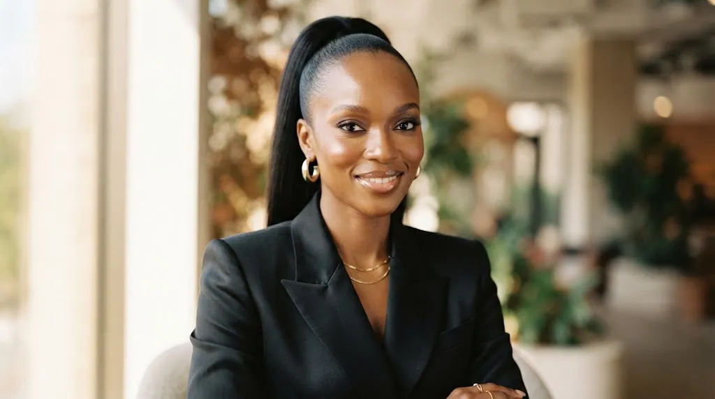 Confident woman with high-fashion styling and sleek high ponytail proudly showcasing her wide forehead