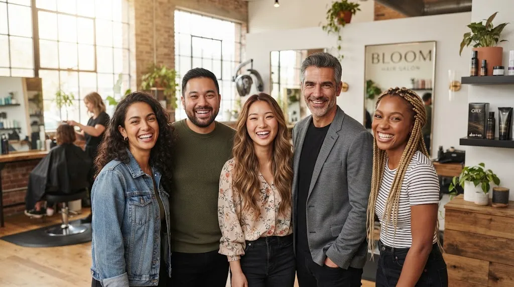A diverse group of people with different face shapes smiling confidently in a modern hair salon, representing versatile haircuts tailored to various facial structures.