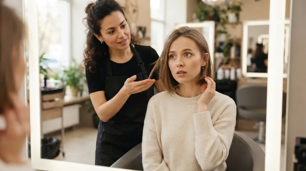 A concerned woman looking in a mirror at her shorter-than-expected bob haircut while her stylist explains the result.