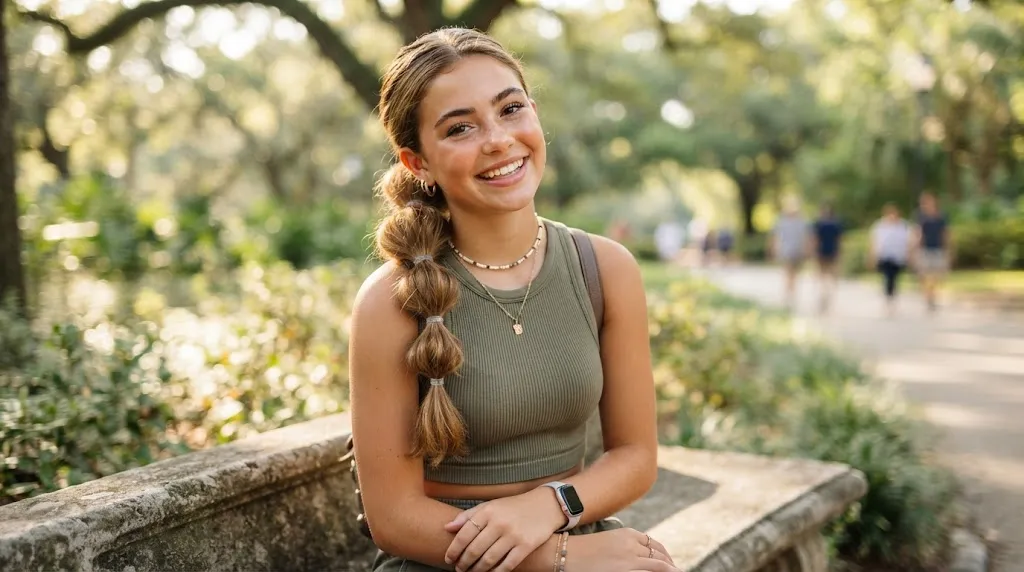 Stylish teenage girl with a trendy textured bubble ponytail and clear elastics outdoors in natural light