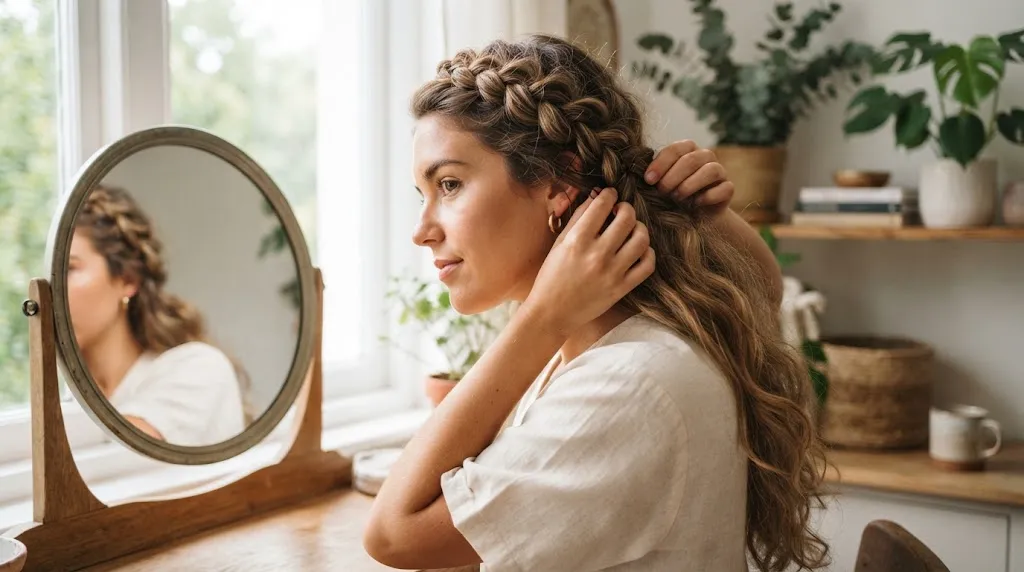 A young girl showcasing a beautiful crown braid and natural textured layers for long hair.