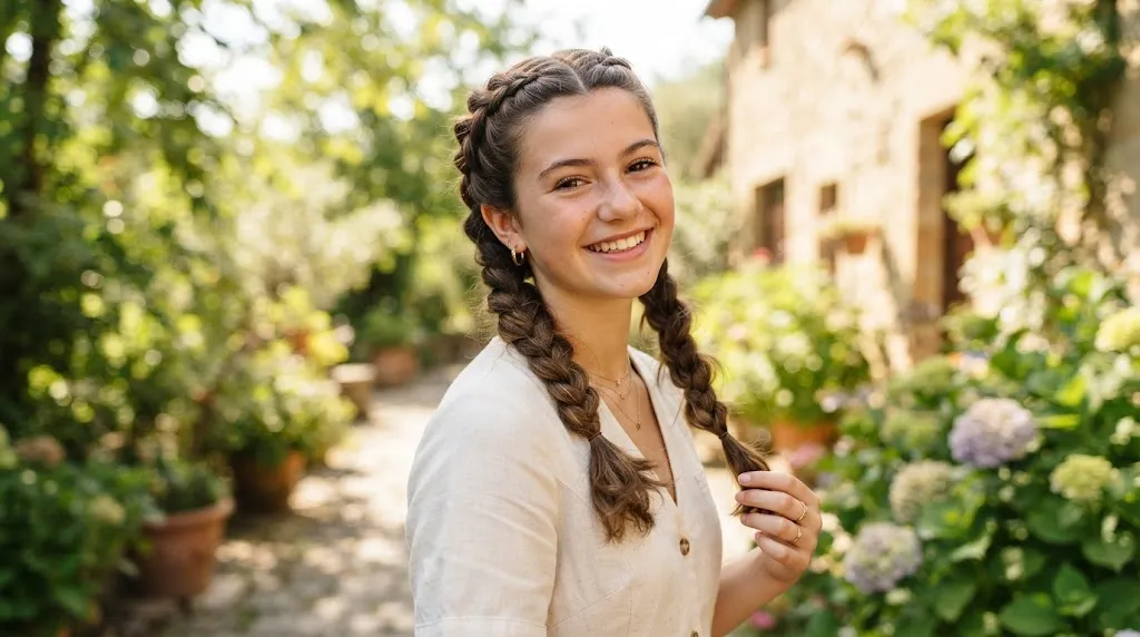 A teenage girl showcasing trendy medium-length hair with stylish double dutch braids in natural daylight