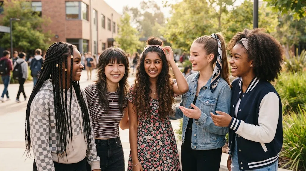 A diverse group of teenage girls showcasing cool hairstyles for school, formal functions, and casual outings with natural lighting.