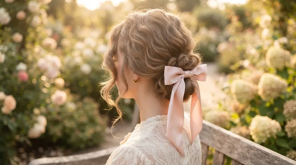 A romantic coquette bun hairstyle adorned with a soft satin bow and face-framing tendrils for long summer hair