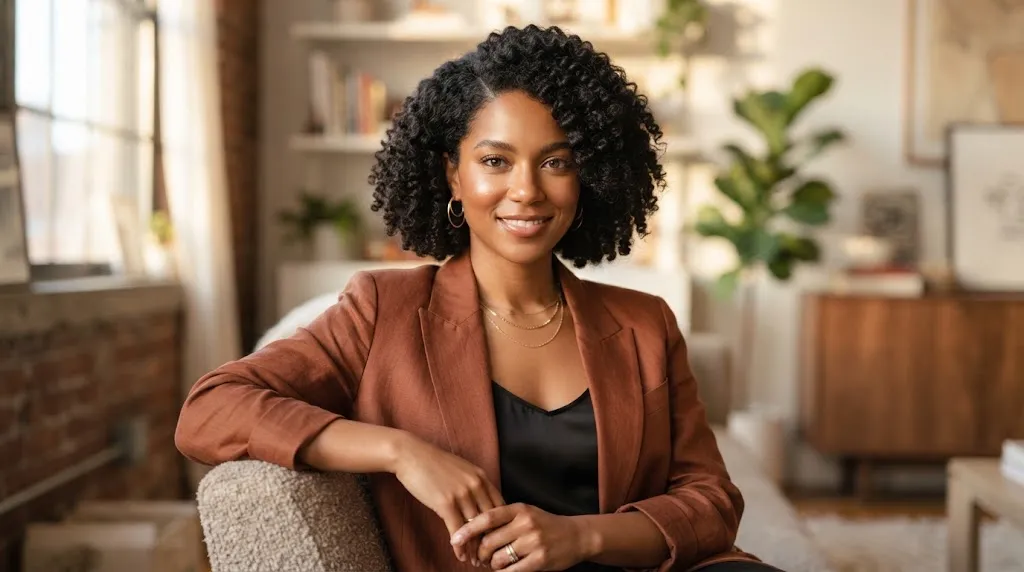 A stylish woman with natural curly hair styled in a chic curly box bob haircut with a defined shape