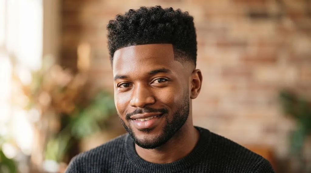 A close-up portrait of a stylish curly box cut hairstyle showing natural coily curls with a defined square top and faded sides.