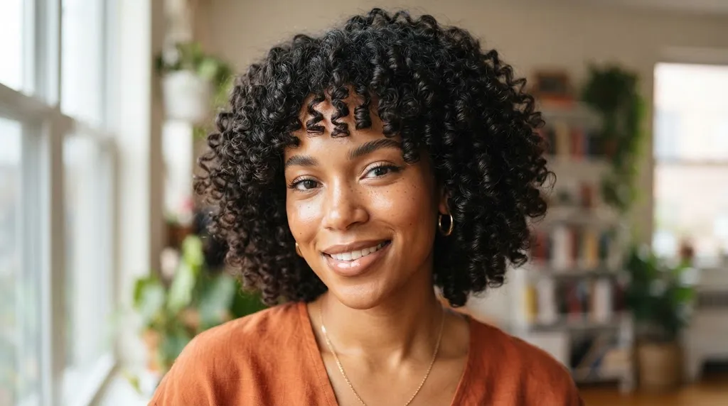 A woman with a beautiful curly box cut hairstyle showing defined and bouncy curls framing her face.