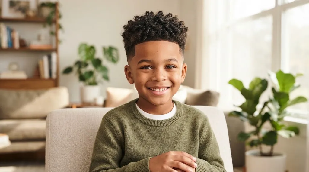 A young boy showing off a trendy curly box cut hairstyle with defined curls on top and clean faded sides