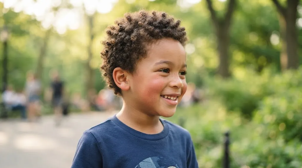 Young boy with a short curly crop hairstyle outdoors, showcasing natural curl texture and a low-maintenance trendy haircut.