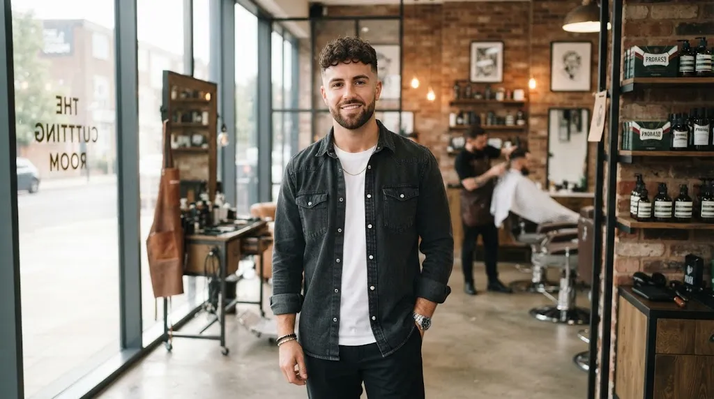 A stylish man with curly hair styled with vertical volume on top and tight faded sides for a round face shape