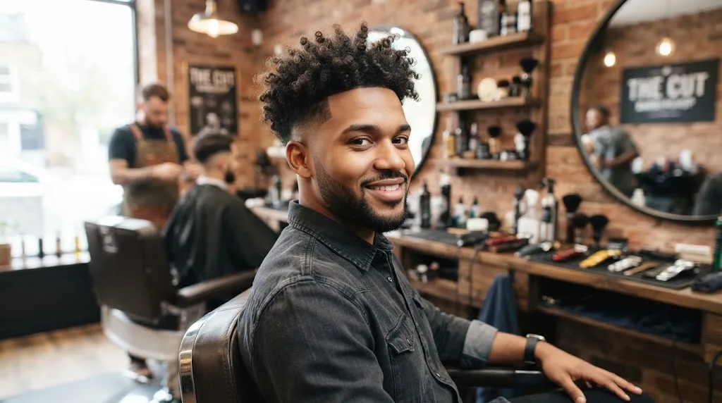 Man with a stylish curly taper haircut showing clean faded neckline and textured natural curls on top