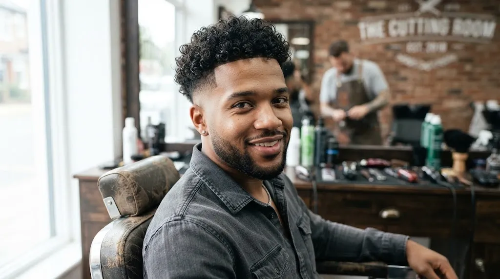 A stylish man with a curly taper haircut, showcasing clean faded sides and natural, well-defined curls on top