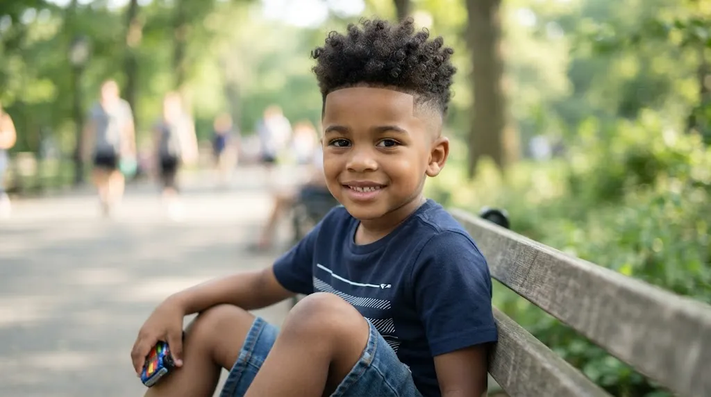 A young boy with a stylish curly top fade haircut featuring natural curls and clean faded sides