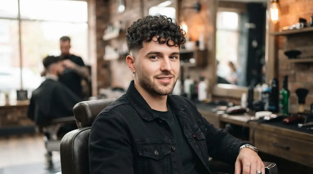 A stylish man with voluminous natural curls on top and clean tapered sides, showcasing a modern haircut that elongates a round face.