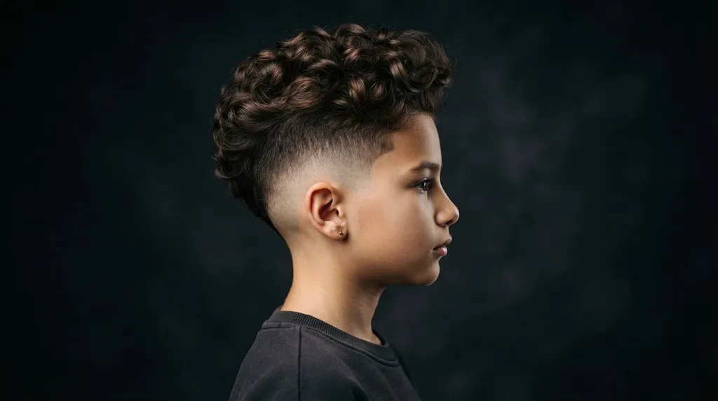 Side profile of a trendy young boy with a curly undercut hairstyle featuring faded sides and natural curls on top