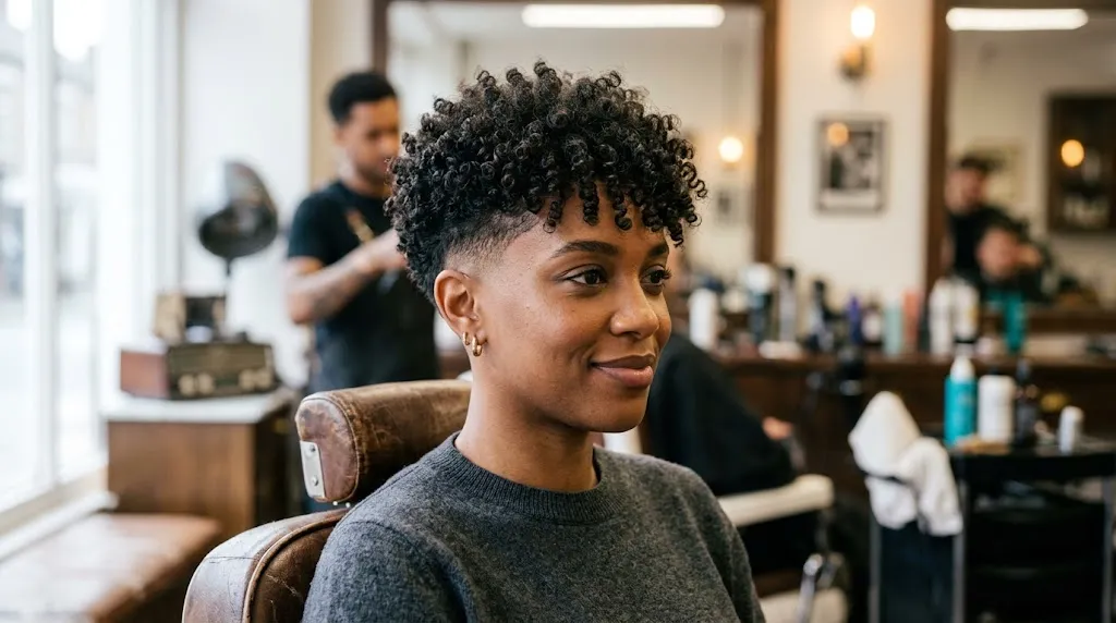 A stylish individual with naturally curly and frizzy hair styled in a modern English Crop haircut with short faded sides.