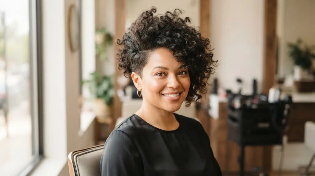 Voluminous curly haircut with height on top and tapered sides on a round face in a professional salon