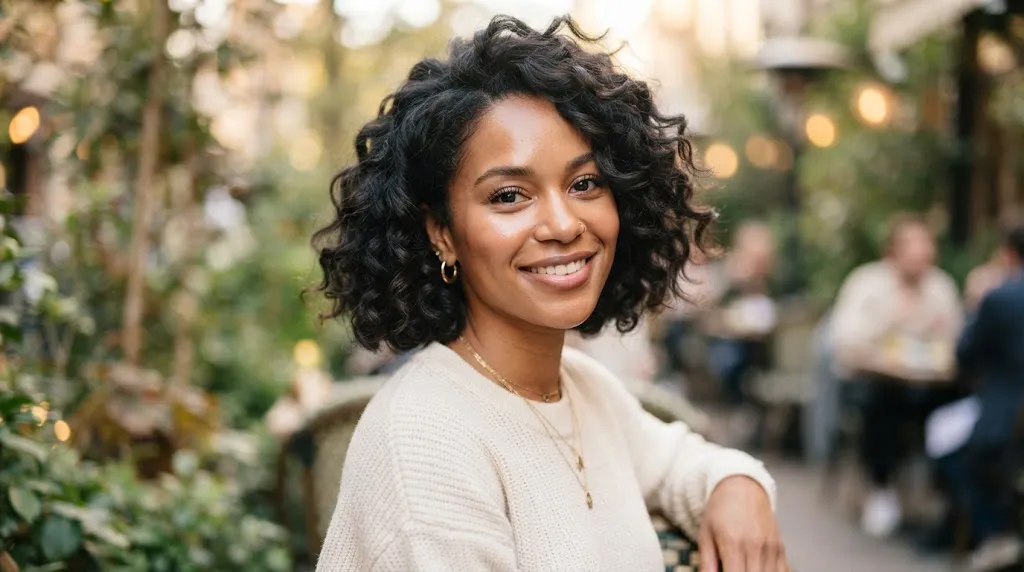 A woman showcasing a stylish curly and wavy box bob haircut with natural volume and definition.