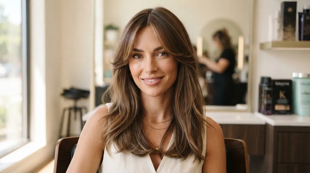 A model with stylish curtain bangs parted down the middle and swept gracefully outward toward the temples to slim the face.