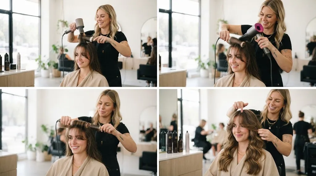 Professional hair stylist demonstrating how to style curtain bangs with a round brush and blow dryer in a modern salon