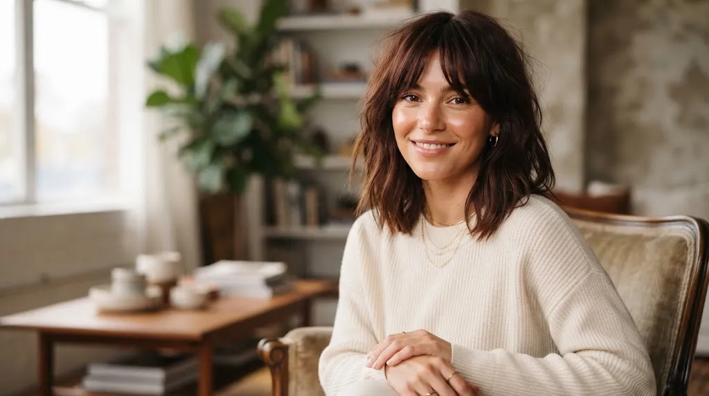 Woman with a round face wearing flattering textured curtain bangs that elongate facial features
